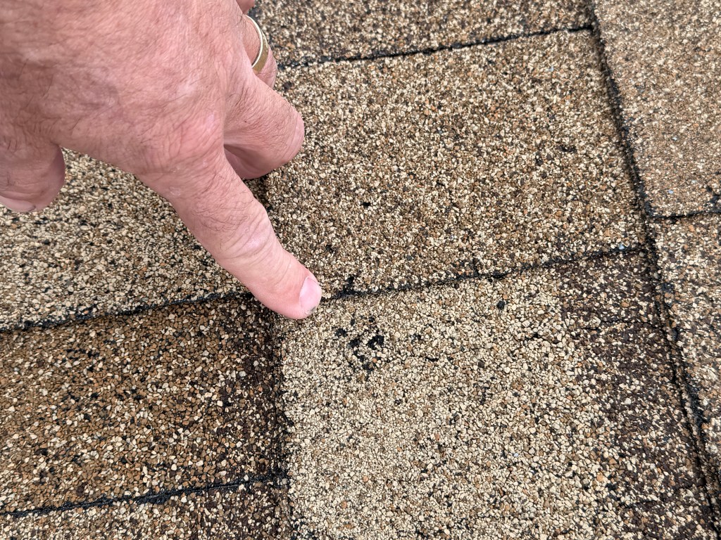 Close-up of hail damage to asphalt shingles on a Colorado roof